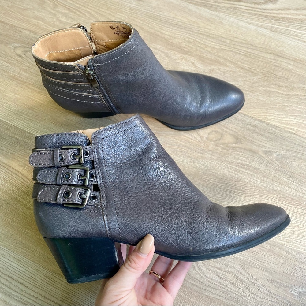 ranco Sarto Geila Gray Leather Ankle Boots | Triple Buckle Detail | Low Heel